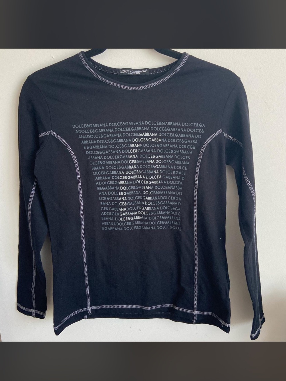 Dolce & Gabbana Black Long Sleeve Logo Tee with Contrast Stitching